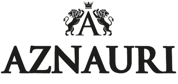 Aznauri brand logo with stylized letter A, two lions, and a crown above.