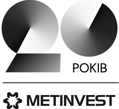 Metinvest logo featuring two segmented circular shapes with a triangle and a rectangle, text 'POKIB' below on right.