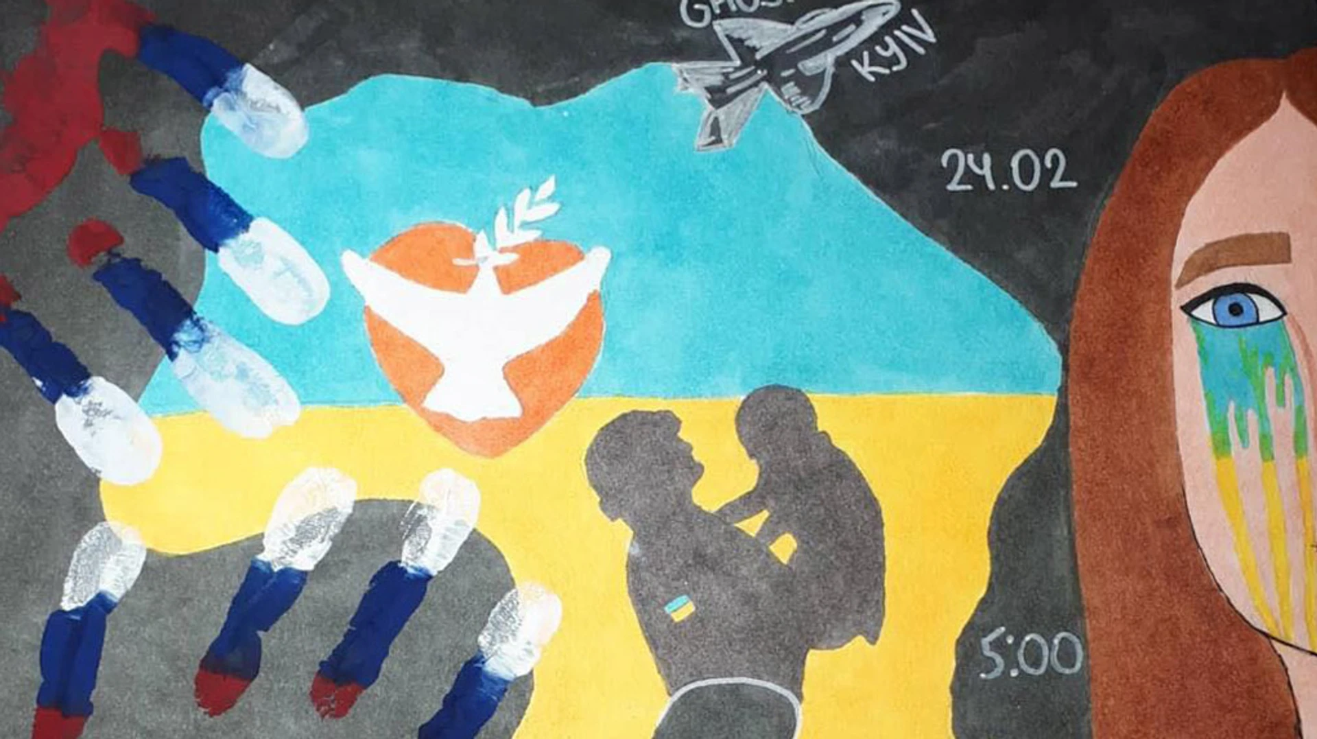 Мария оберегает, сатана убегает. Дети рисуют войну