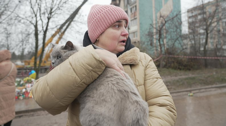 Gatto salvato tra i detriti di un edificio distrutto a Ternopil