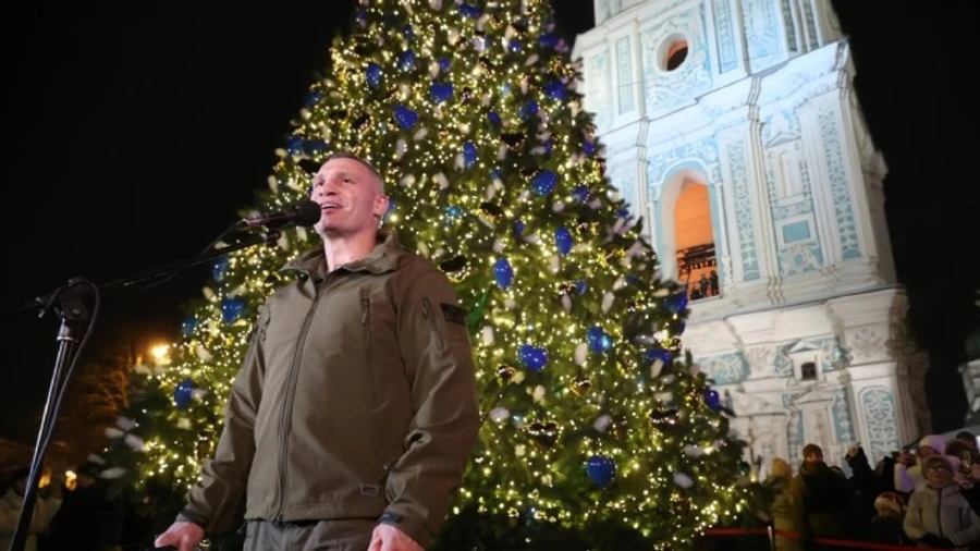 Ukraine's main Christmas tree is lit up in St Sophia Square, Kyiv