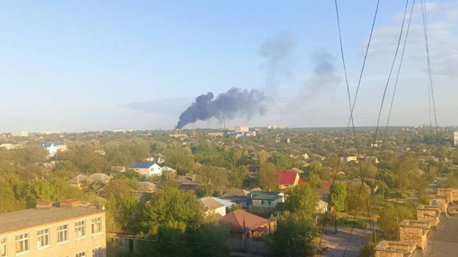 Column of smoke rises over Russian-occupied Luhansk after explosions rock the city