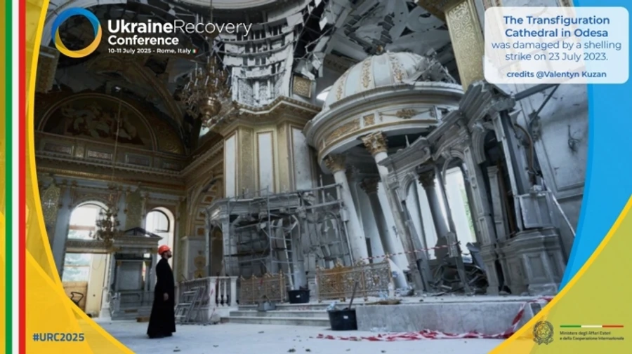 Photography exhibition featuring damaged Odesa Cathedral presented at Ukraine Recovery Conference in Rome