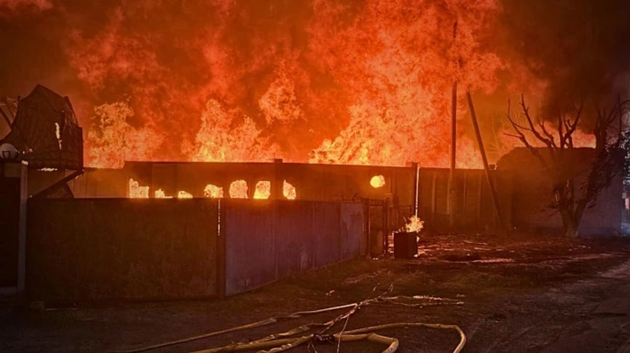 Large-scale fire breaks out at industrial facility in Kyiv Oblast after nighttime Russian attack – photos