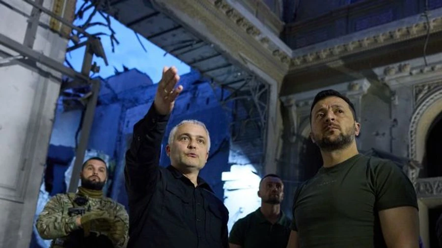 Zelenskyy inspects cathedral damaged by a Russian missile strike in Odesa