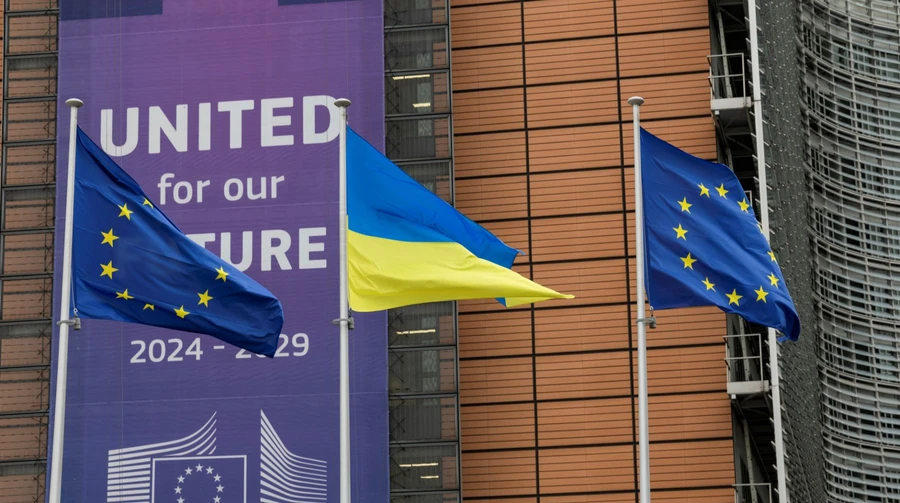 Ukrainian flag raised outside European Commission in Brussels