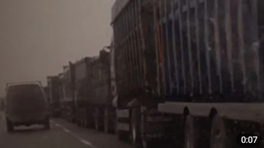 15-km queue of trucks carrying grain stolen by the invaders forming at Russian Federation border