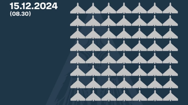 Ukrainian air defence forces shoot down 56 of 108 Russian UAVs overnight, 49 disappear from radar, 3 return to Russia