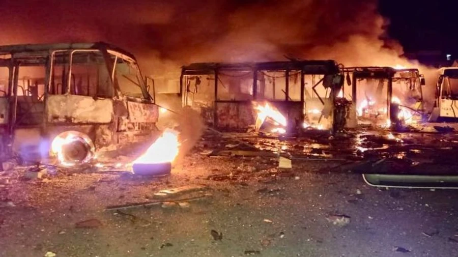 Russian strikes on Dnipro: 1 civilian killed, several injured, around 50 buses on fire