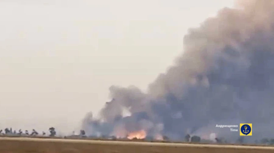 Large Russian ammunition storage point on fire near Henichesk