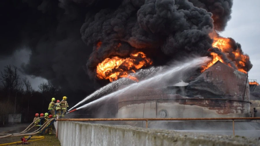 Rivne  - rescue services battling fire at missile-stricken oil repository for two days straight