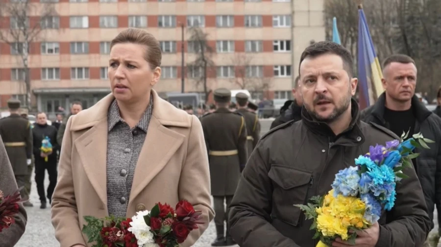 Zelenskyy and Danish PM Frederiksen arrive in Lviv – video