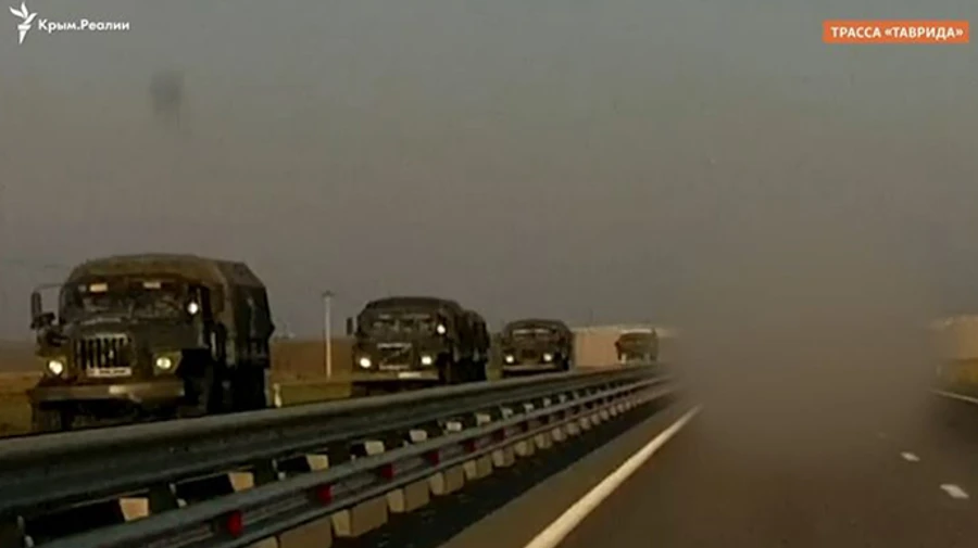 A column of Russian military equipment is spotted in Crimea
