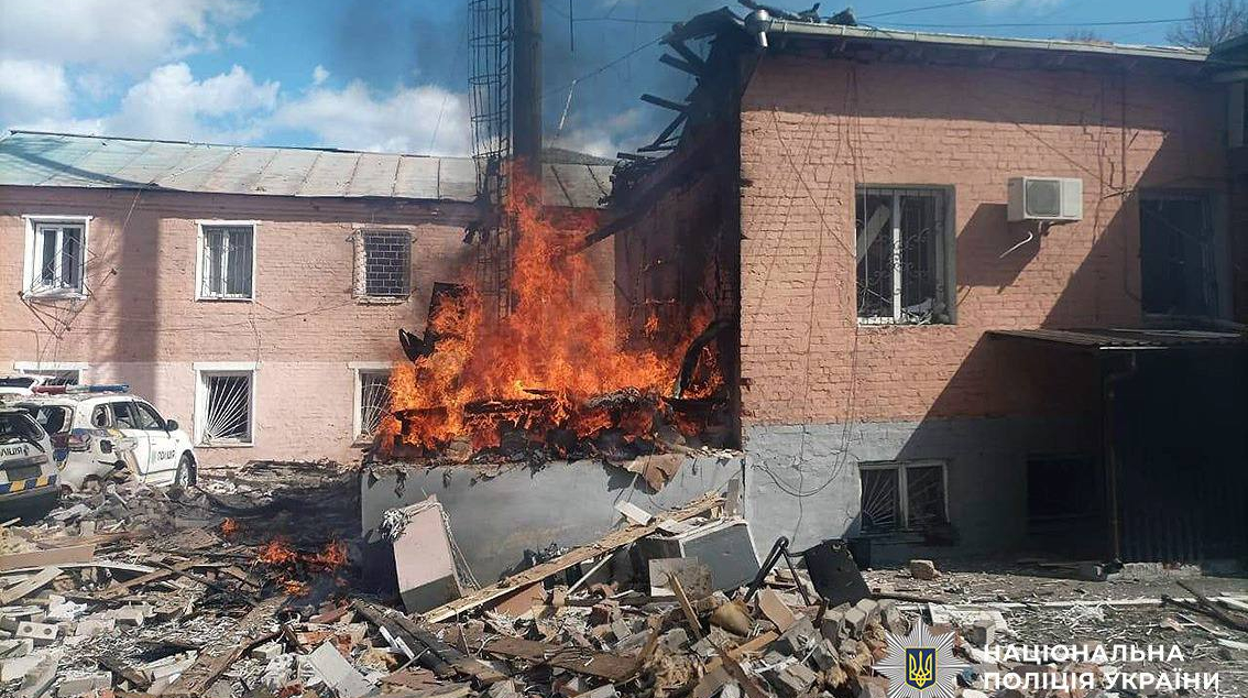 Russians strike Pryluky in Chernihiv Oblast: man injured, police station catches fire – photos