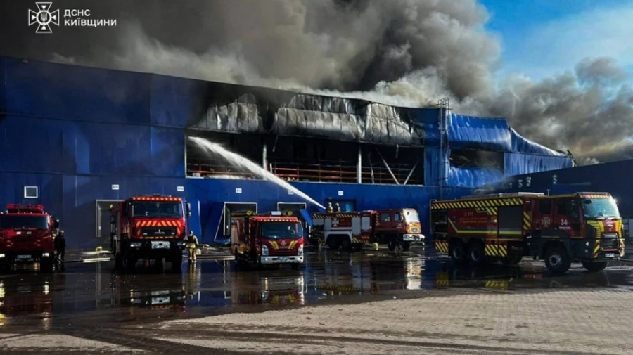 Firefighters battle blaze in Kyiv Oblast for 10 hours after Russian drone strike – photos