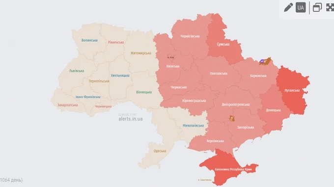 Половина Украины покраснела от тревоги из-за угрозы баллистики