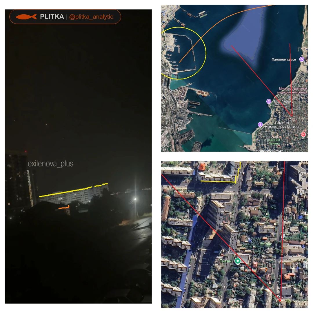 Left: a still from the video, with the roofline used for comparison marked in yellow. Top right: an overview map; the yellow circle marks the military harbour, the red lines converge at the filming location, and the orange arc shows the missile's trajectory over the bay. Bottom right: a close-up of the same neighbourhood from the filming location