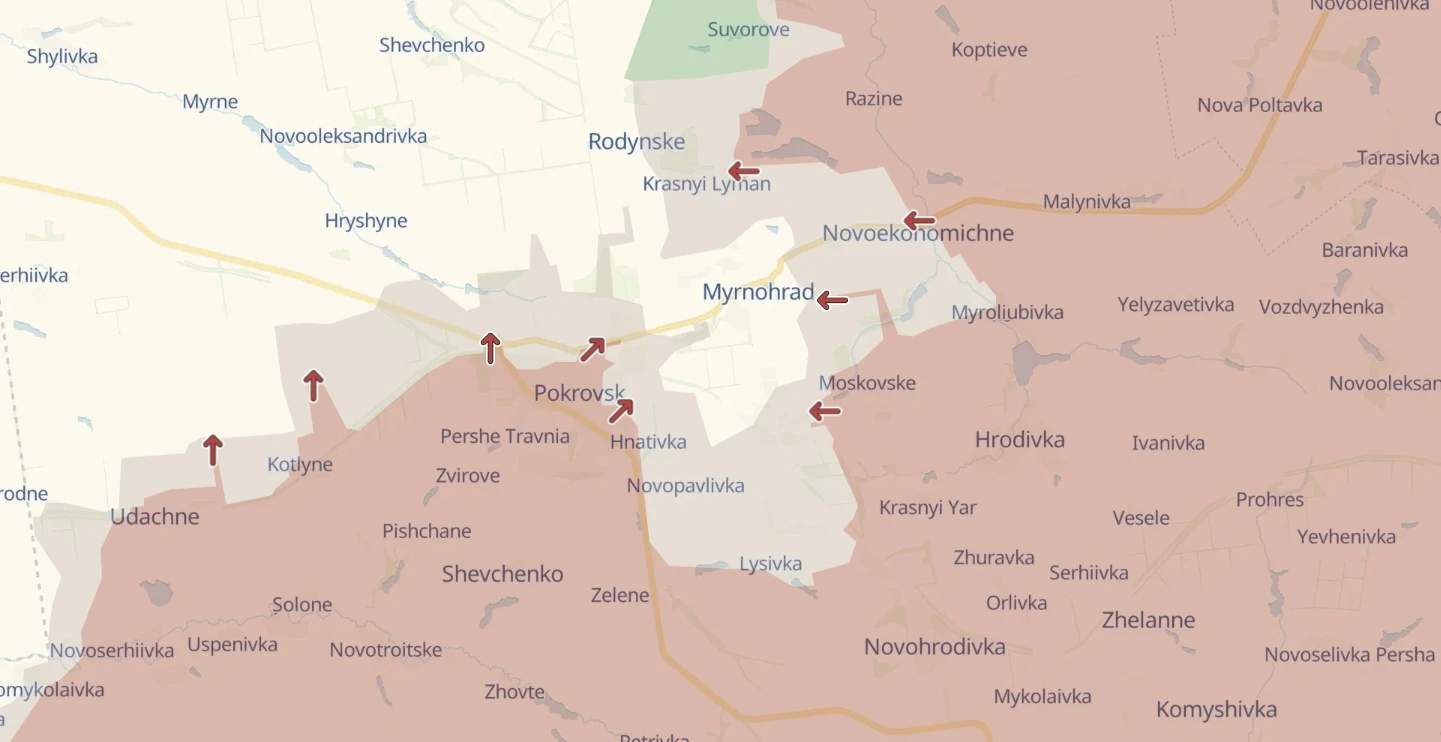 Myrnohrad on the map. The territories in red are occupied by Russia