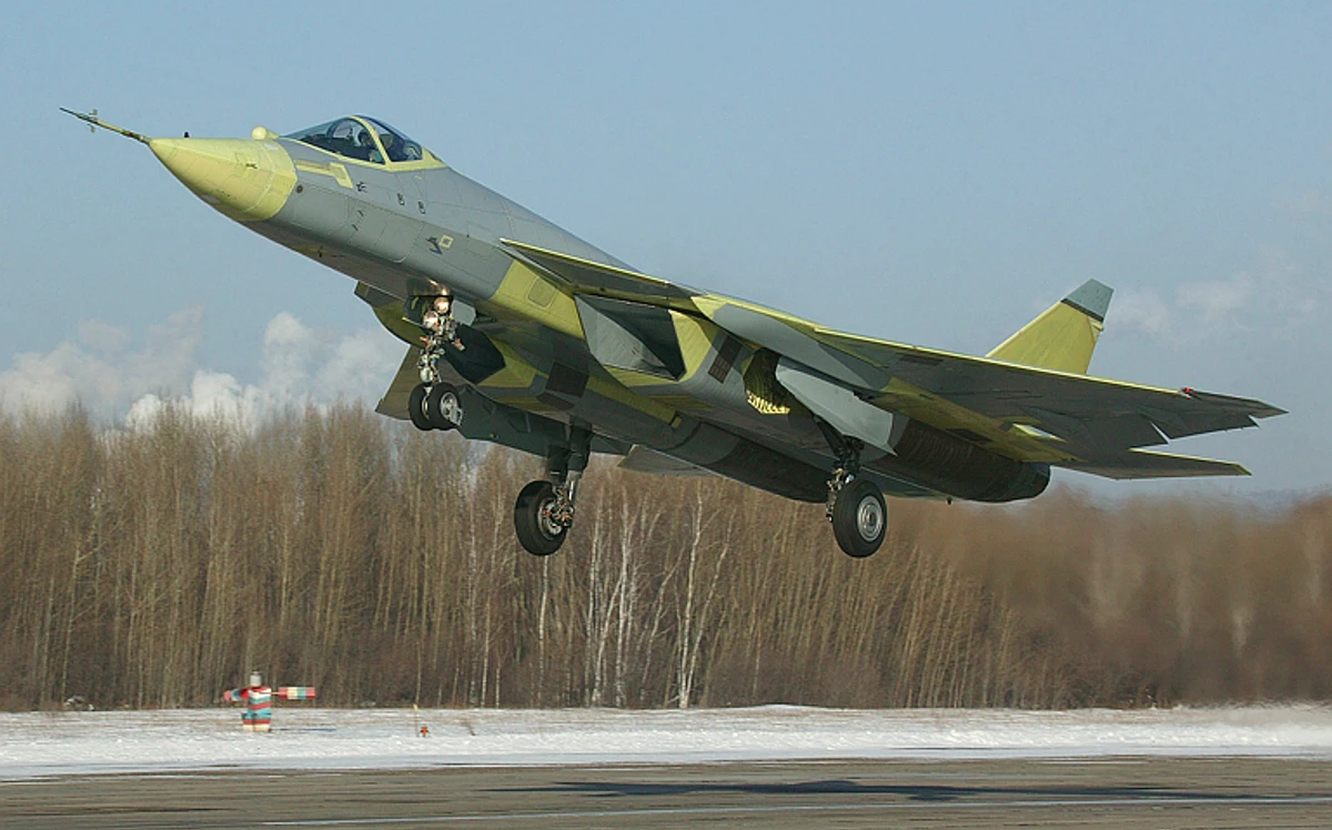 The first PAK FA prototype during early test flights, January 2010.