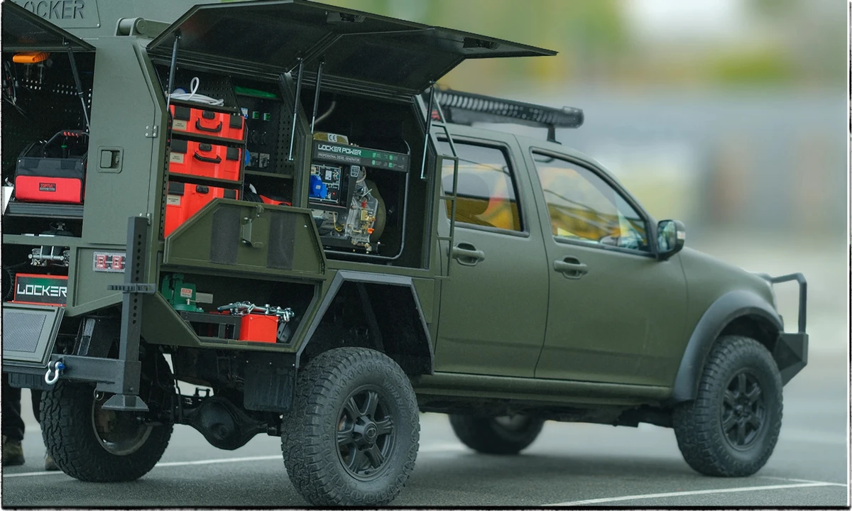 A Locker workshop mounted on a pickup truck being delivered to the 52nd Artillery Brigade.