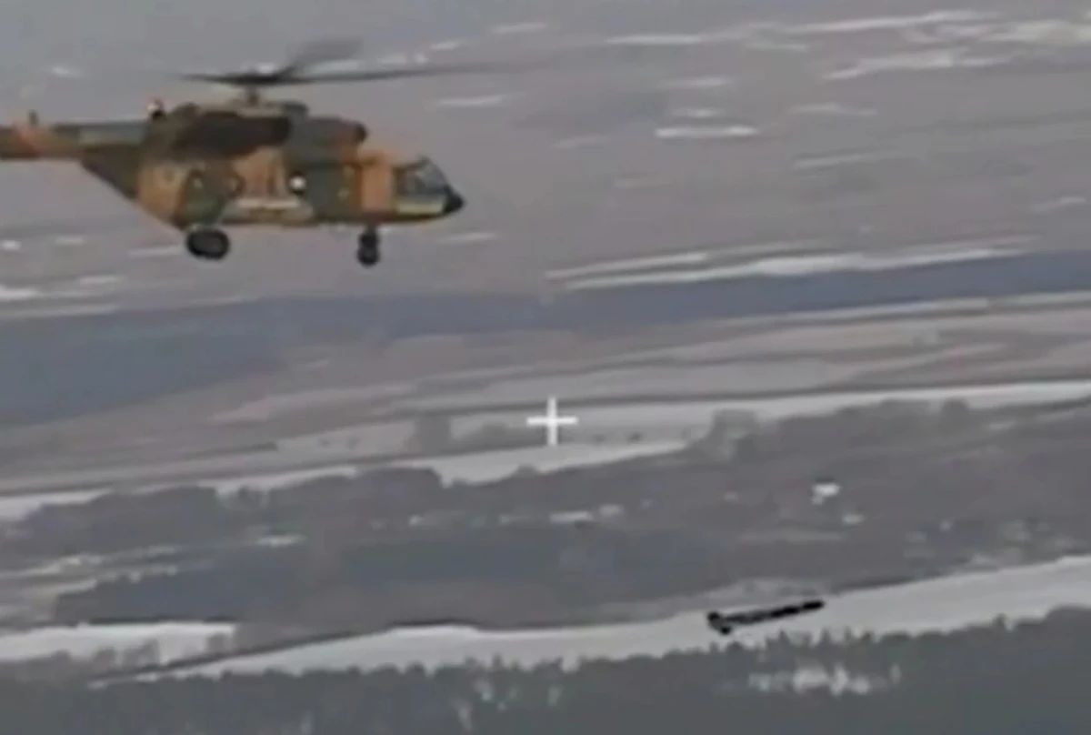 A Ukrainian Mi-17 helicopter intercepting a Shahed-136 UAV