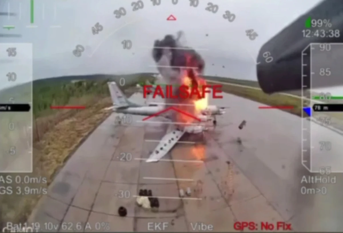 Russian Tu-95s being destroyed in Ukraine's Operation Spider's Web.