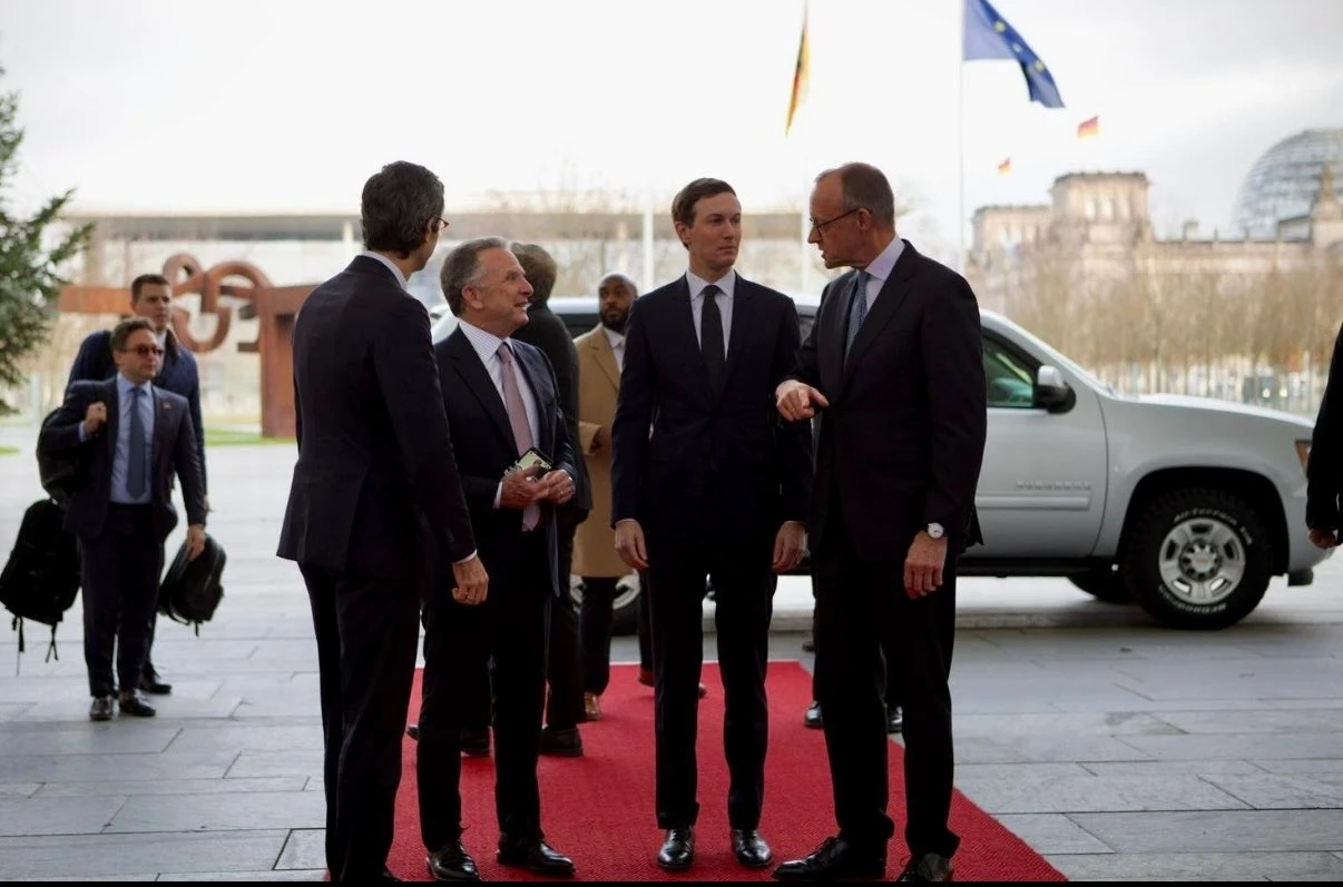 Steve Witkoff, Jared Kushner and Friedrich Merz in Berlin on 14 December