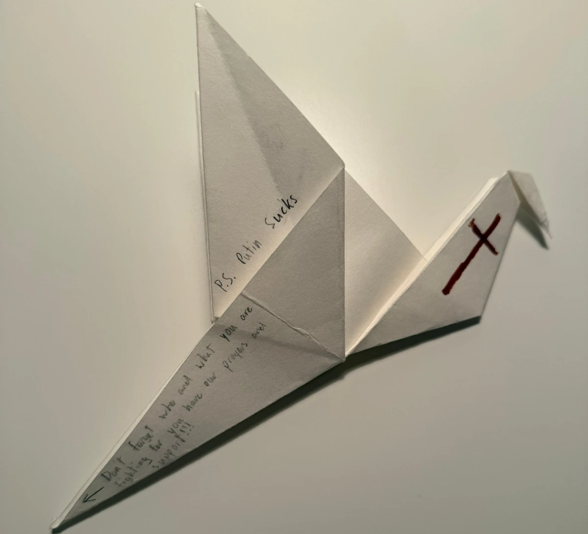 An origami dove made by one of the students with the inscription “Putin Sucks”.