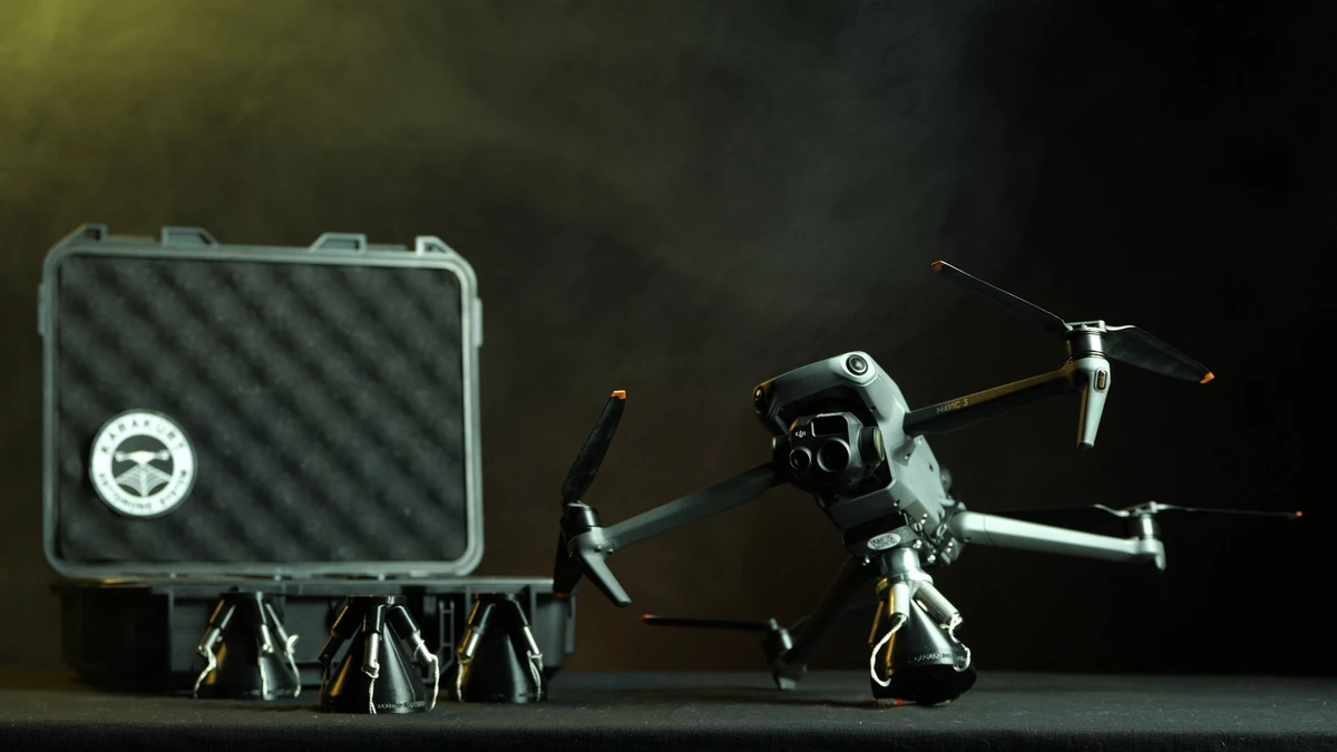 A DJI Mavic 3 drone equipped with a Karakurt anti-drone net