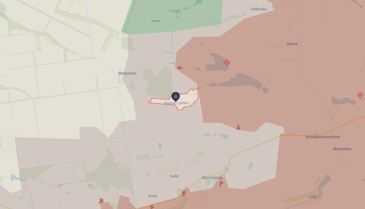 Krasnyi Lyman on the map. The territories in red are occupied by Russia.