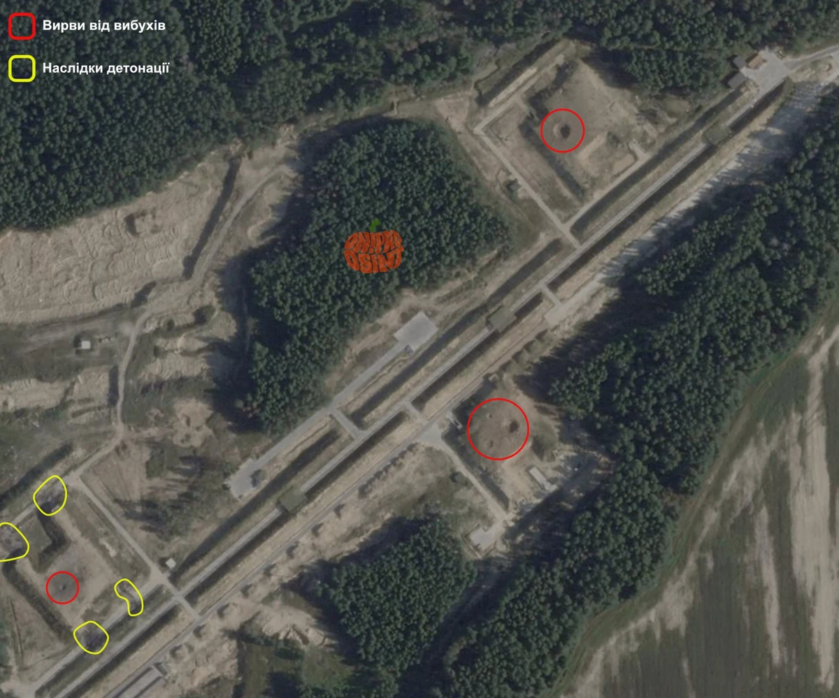 The satellite image highlights impact craters and signs of secondary detonations following the strike on the drone base
