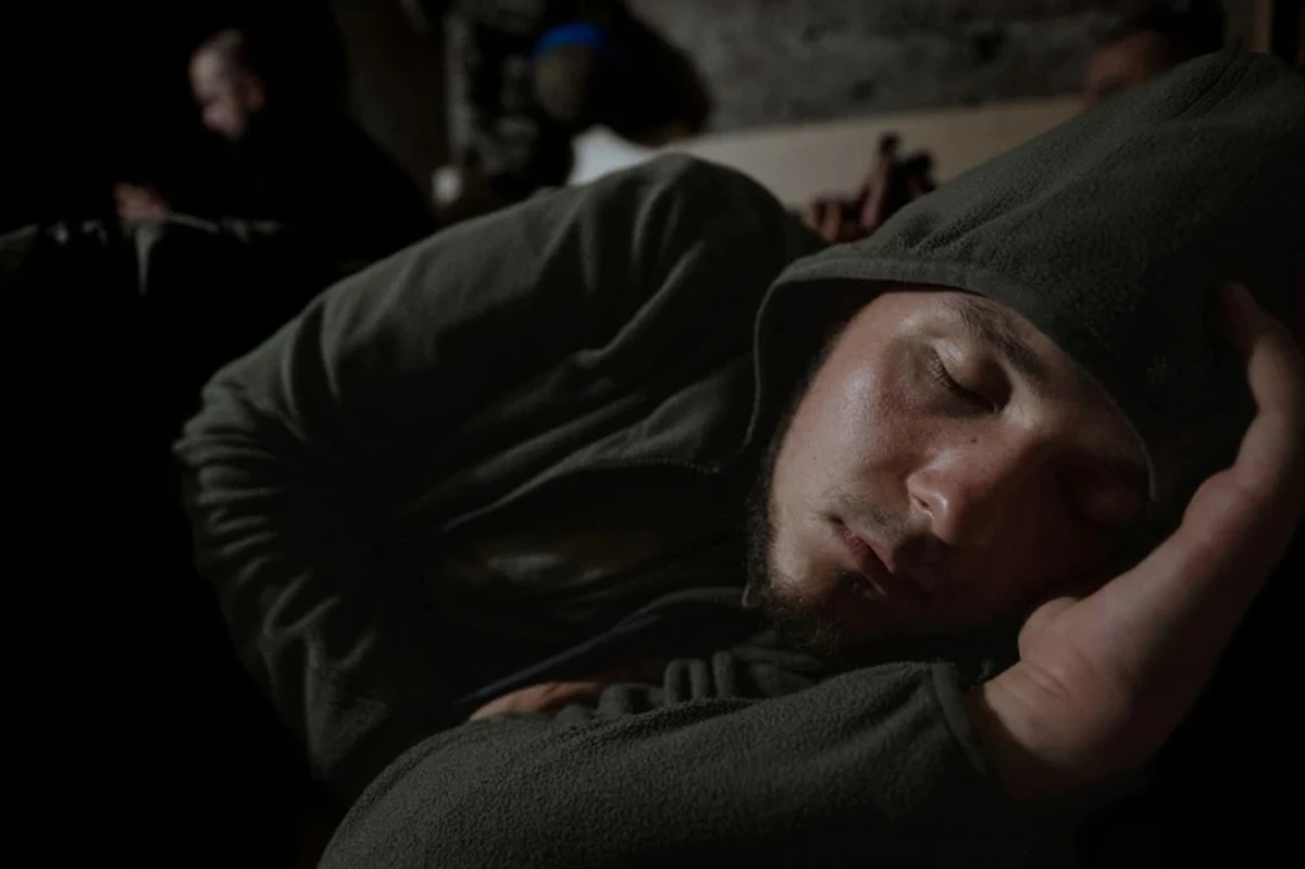 A sleeping Ukrainian soldier.