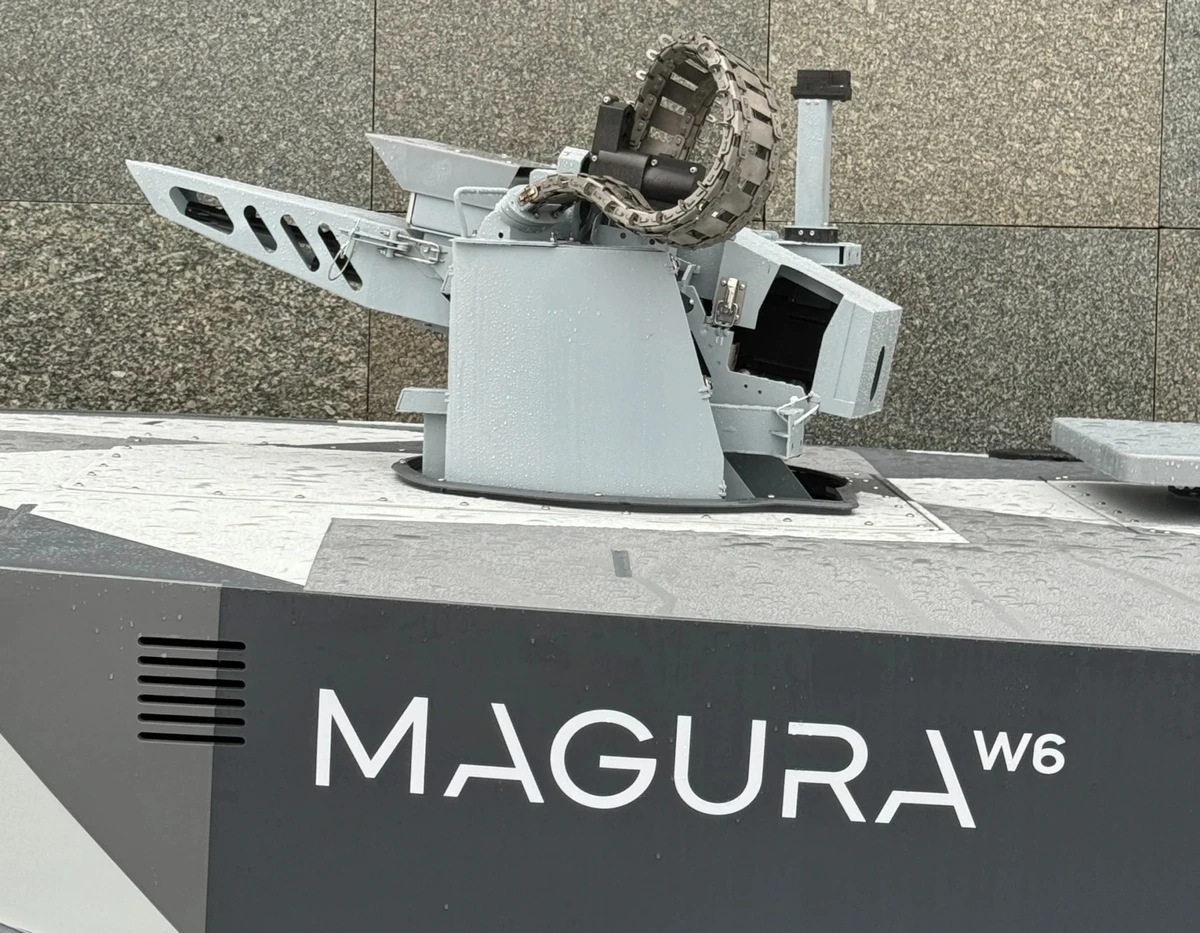 An exhibition model of the Magura V6 unmanned drone equipped with a combat module