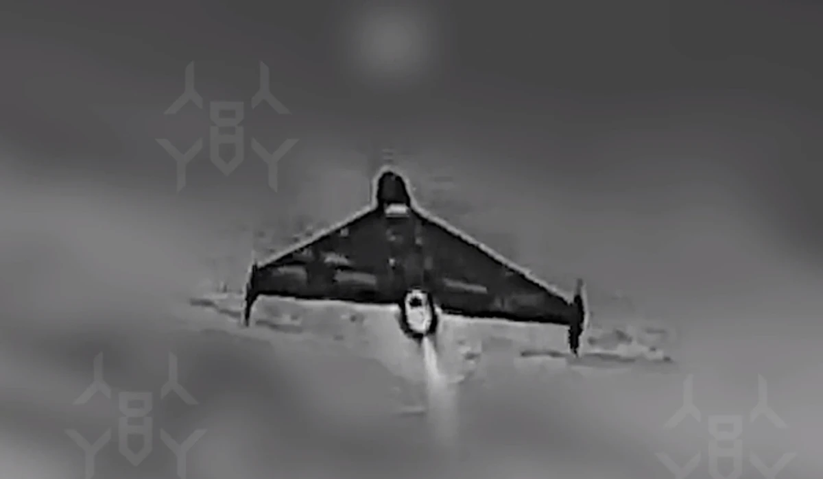 A jet-powered Geran-3 in the sights of an interceptor drone