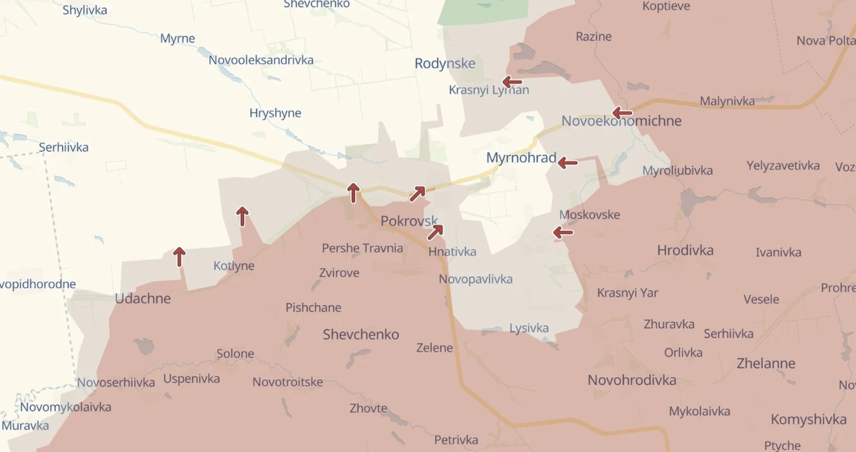 Pokrovsk on the map. The territories in red are occupied by Russia