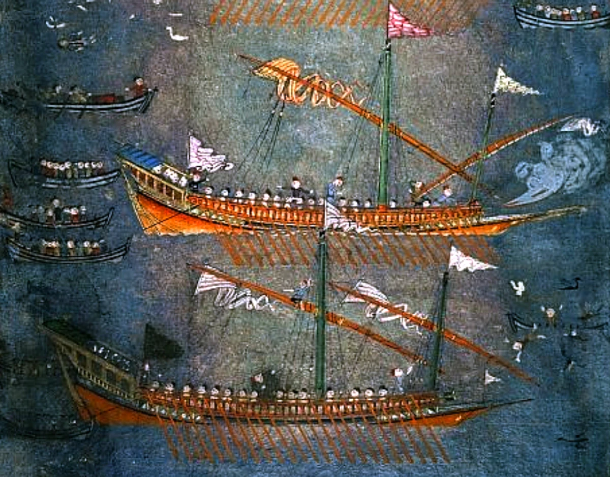 Атака казаков на турецкие галеры на Черном море, которую изобразили на гобелене 1636 года. Хранится в Лондонской библиотеке