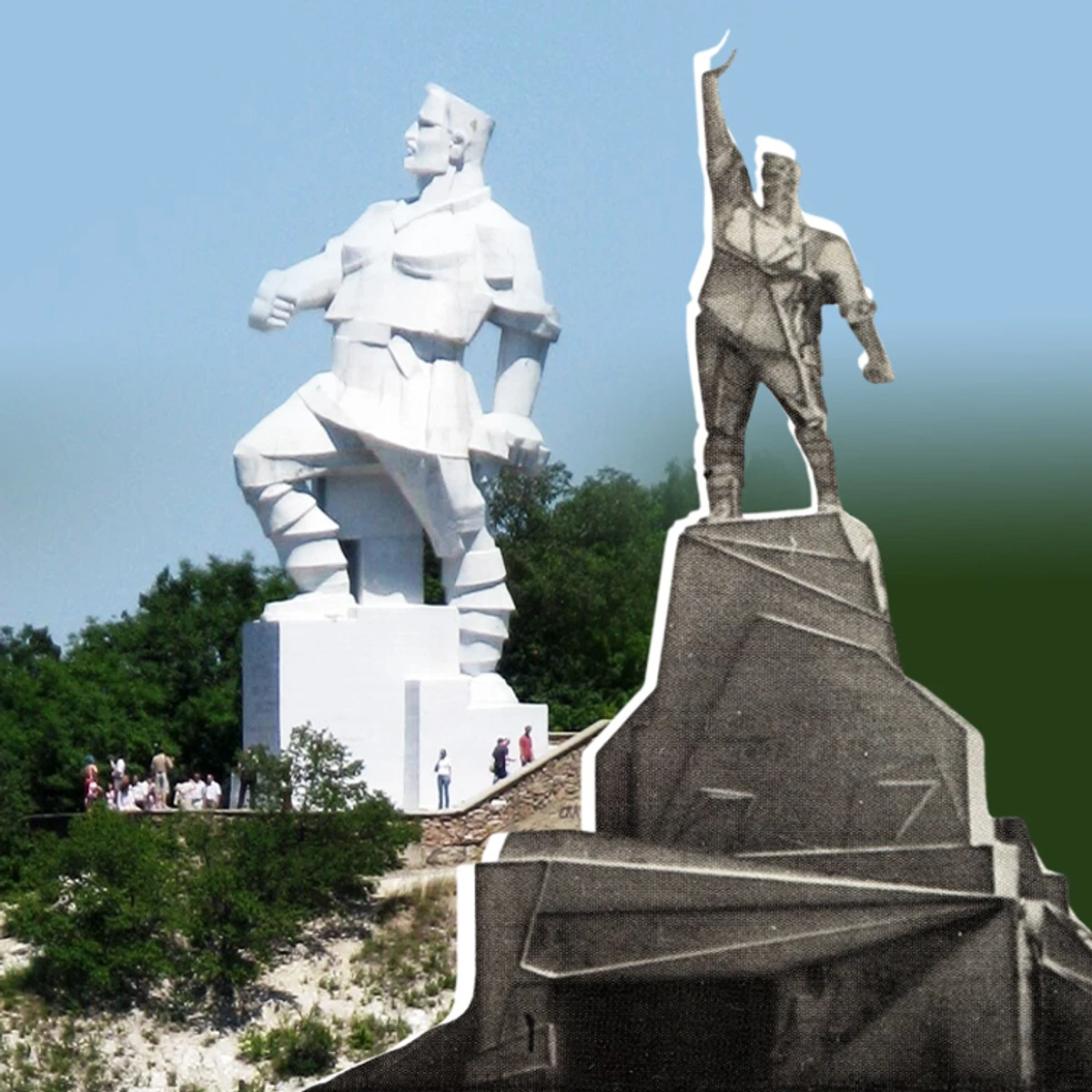 Монумент Артему в Бахмуті (праворуч), який не залишився після Другої світової, та відомий пам'ятник більшовику в Святогірську