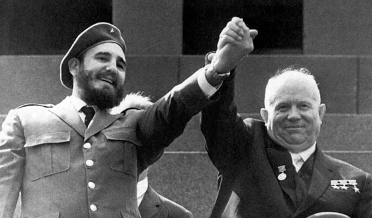 Fidel Castro and Soviet leader Nikita Khrushchev on the Mausoleum podium during a 1963 Soviet‑Cuban friendship rally in Red Square, Moscow