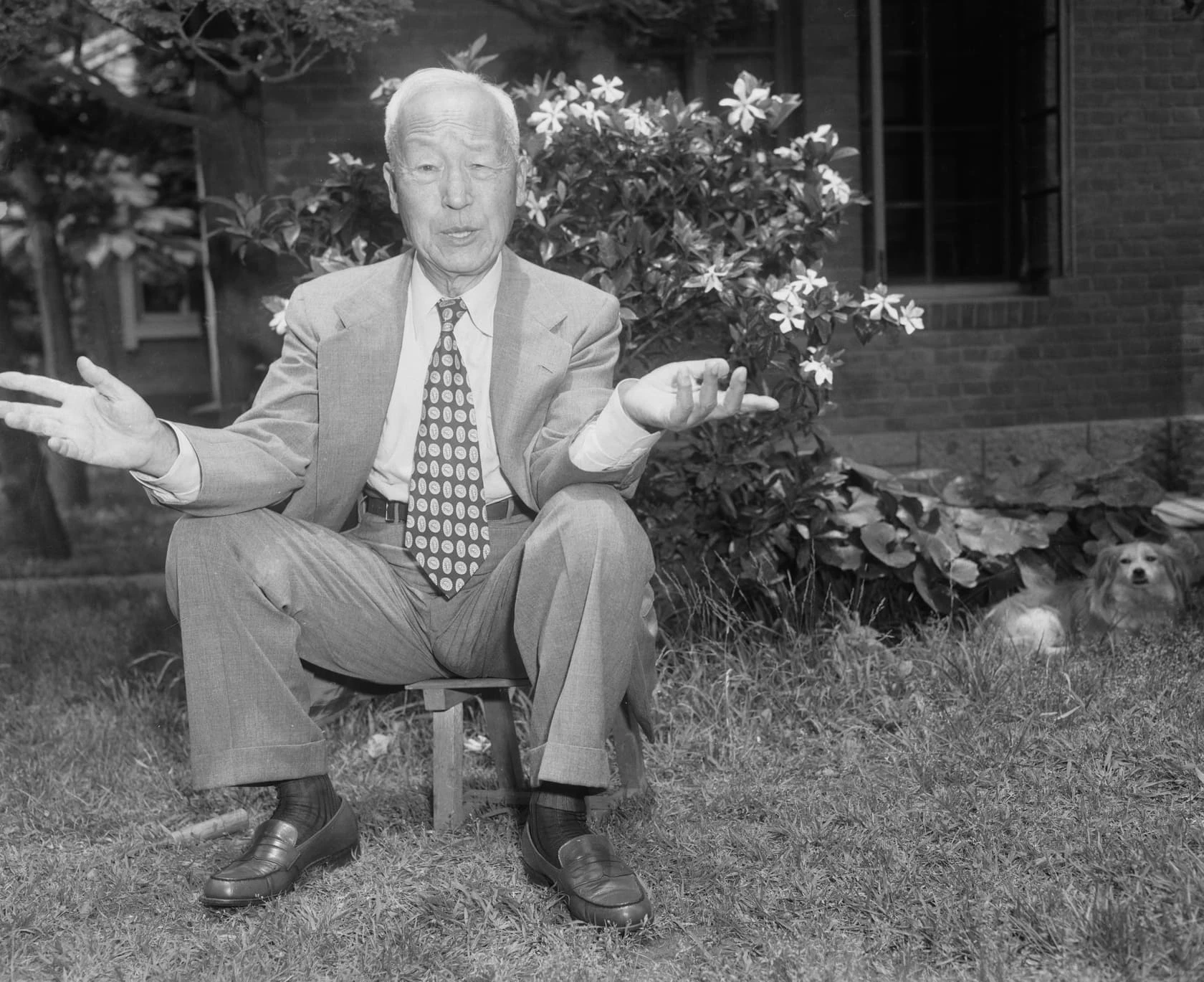 Лі Син Ман у своєму саду подалі від політичних заворушень, спричинених його суперечкою з Національною асамблеєю Кореї щодо процедури президентських виборів, липень 1952