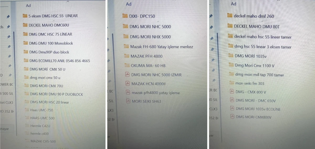 Files sent by Bilal Ipek containing the list of equipment available from the Turkish company