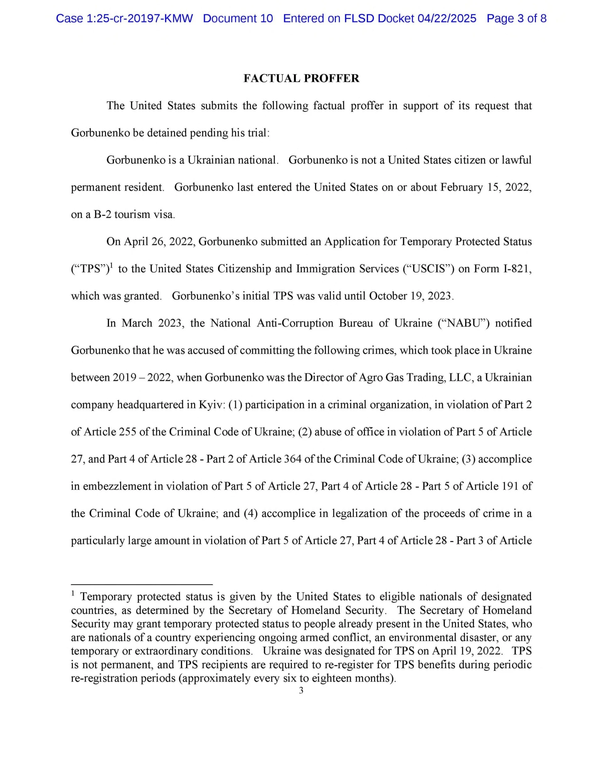 Фрагмент кримінальної скарги та афідавіту – документів, що розпочали кримінальну справу проти Горбуненка в США 17 квітня 2025 року