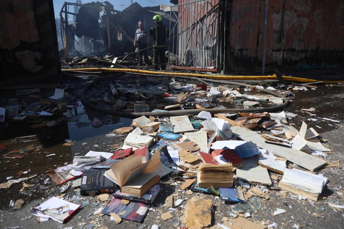 The aftermath of a strike on a warehouse in Kyiv, 16 August