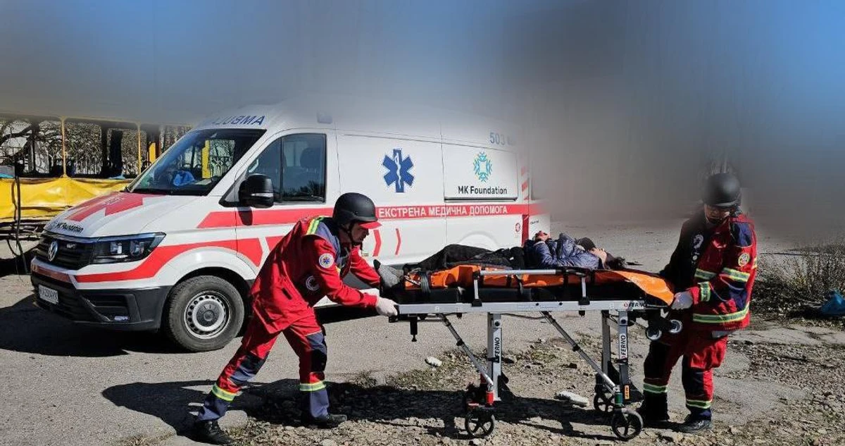 Medics treating a person injured in the attack.
