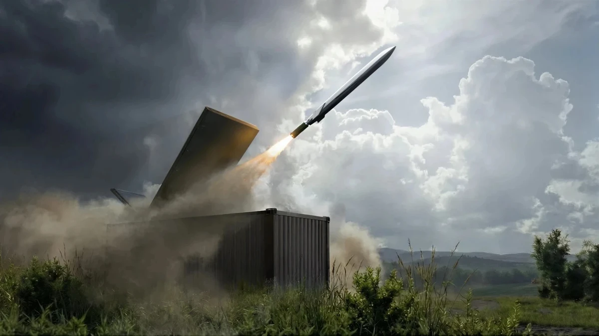 Render of container launch of Ruta long-range strike system