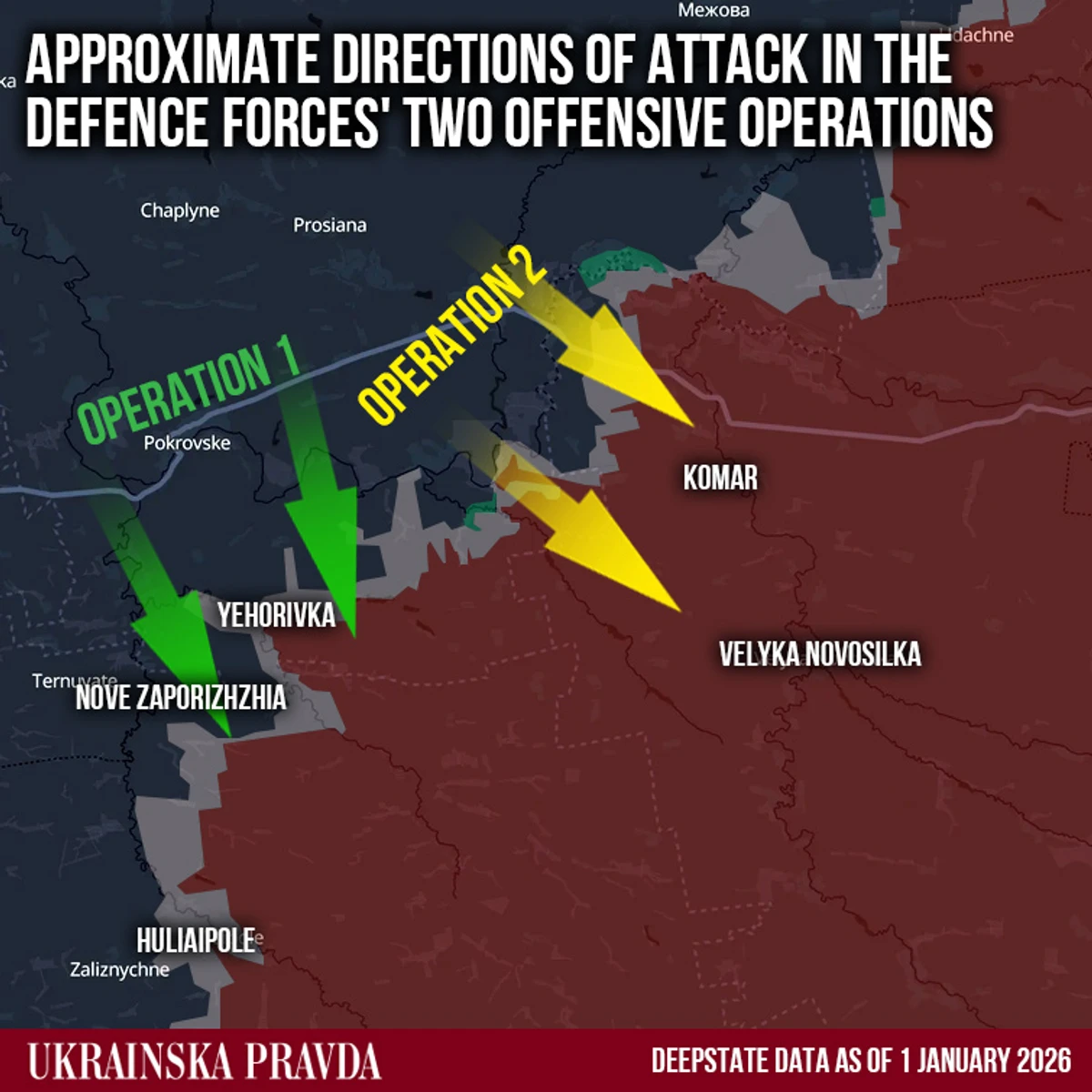 Approximate directions of attack in the defence forces' two offensive operations