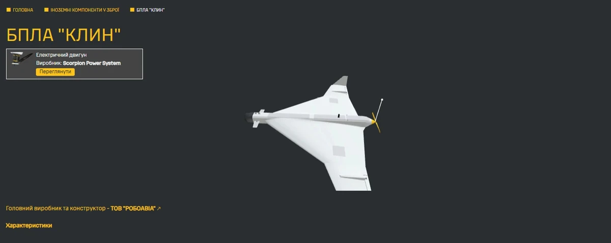A 3D model of the Klin loitering munition with key components labelled.