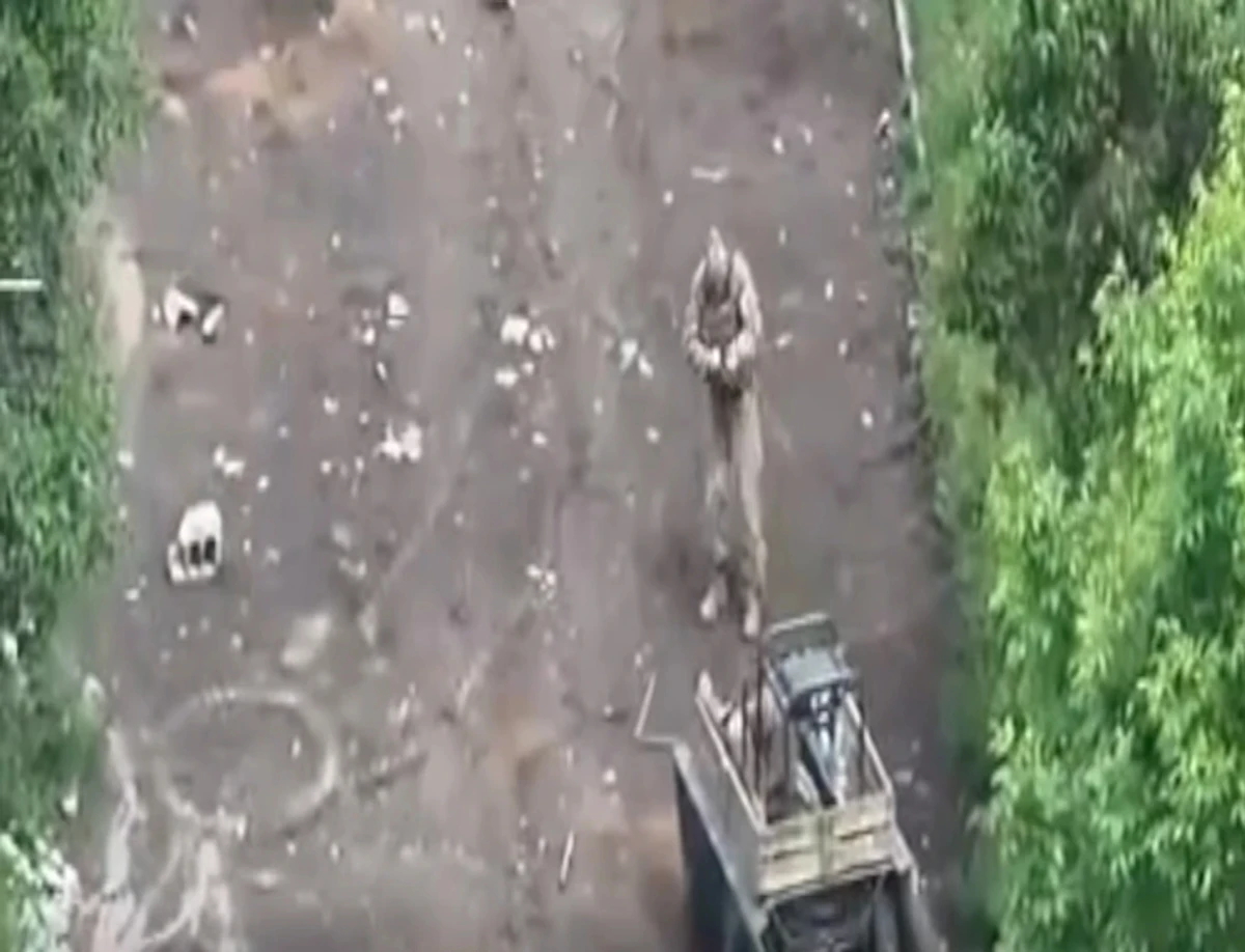 Ukrainian soldiers trying to pull out the ground drone entangled in engineering obstacles