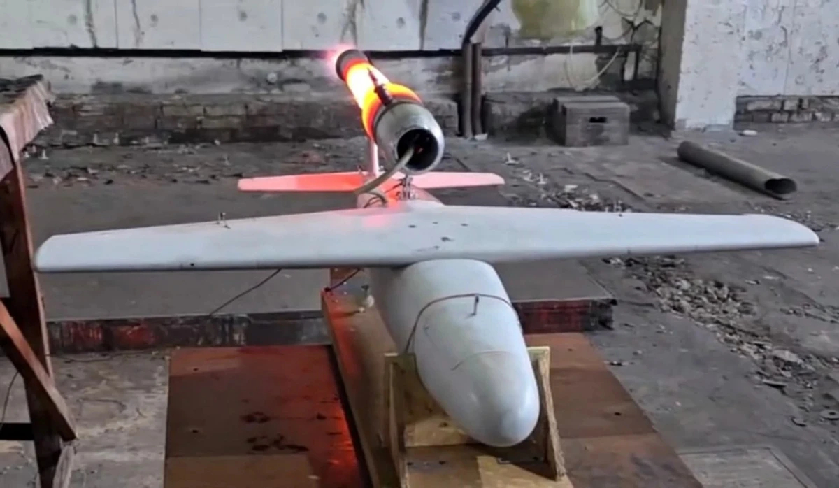 The pulsejet engine during tests on a fixed-wing UAV.