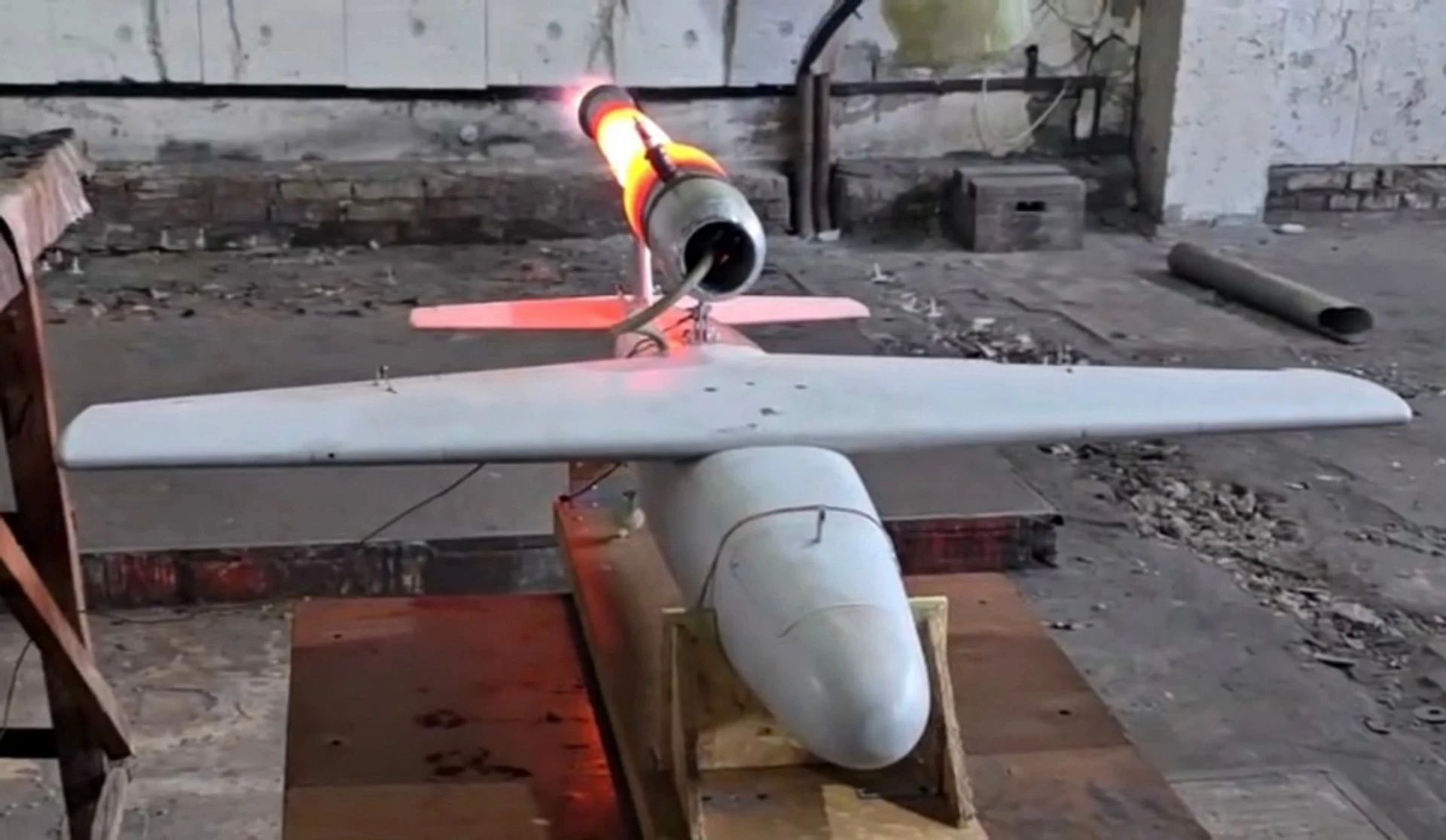 The pulsejet engine during tests on a fixed-wing UAV.