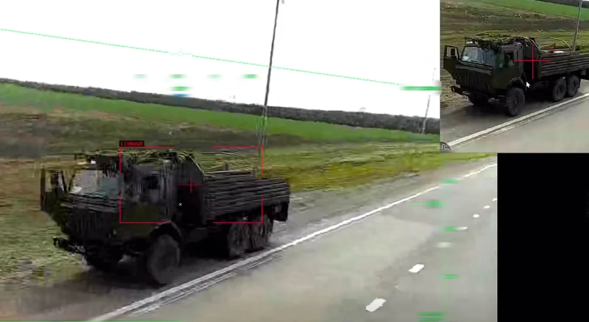 Ukrainian Azov troops hitting a Russian lorry near Mariupol using an AI-powered drone